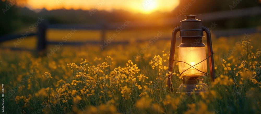 Poster vintage lantern glowing in a field of yellow flowers at sunset with warm light and soft bokeh copy s