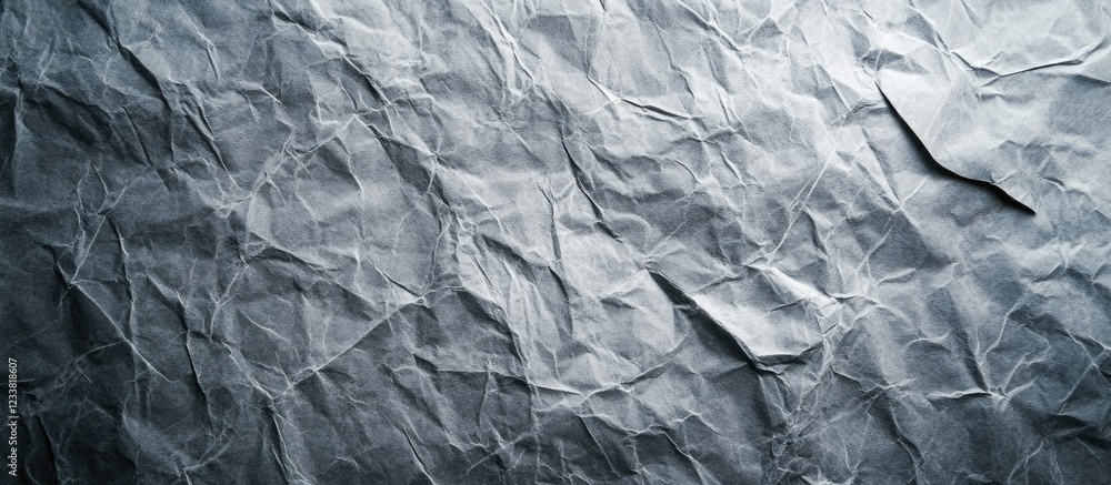 Poster crumpled gray paper texture with varied creases and shadows suitable for backgrounds and overlays co