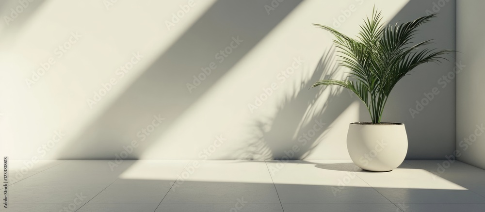Poster interior with a potted plant in a minimalistic room casting shadows on a wall with ample copy space 
