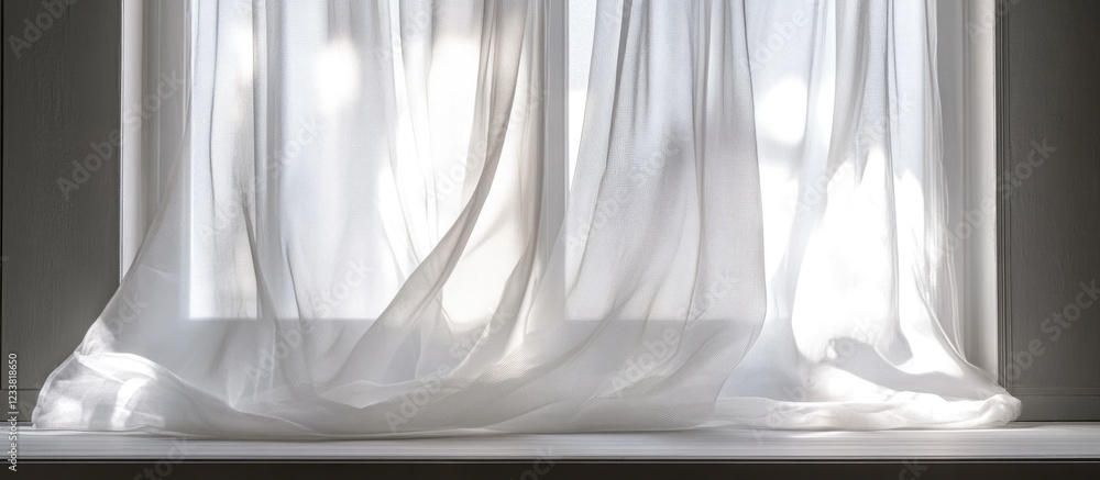 Poster soft sheer curtains gently flowing in the breeze against a window with a light-filled background cop