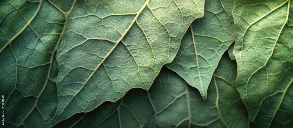 Poster close-up of textured green leaves with visible veins and natural patterns copy space