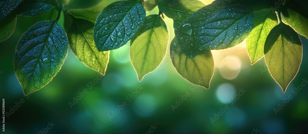 Aufkleber Close-up of green leaves with water droplets and soft sunlight creating a bokeh effect in the background Copy Space