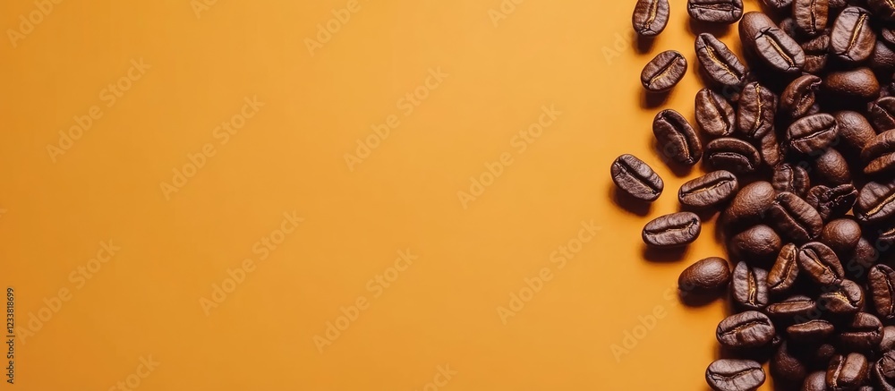 Poster Coffee beans on a vibrant orange background with Copy Space for text insertion.