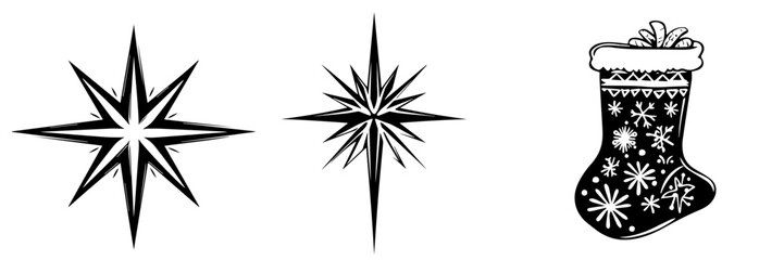 Obraz premium Set of Star Illustrations, Different Star Shapes, Black and White Vector Graphics, Celestial Bodies, Design Elements, Isolated on White Background