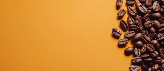 Coffee beans on a vibrant orange background with Copy Space for text insertion.
