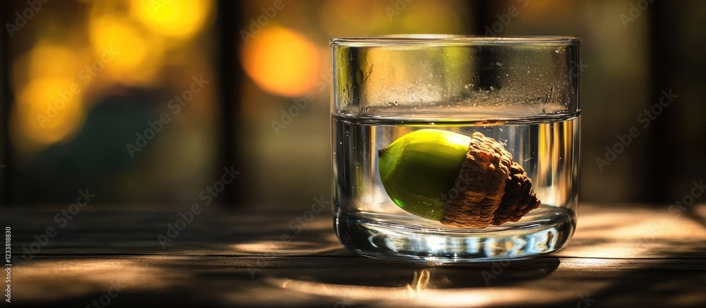 Poster acorn floating in a glass of water on a wooden surface with blurred background and natural light cop