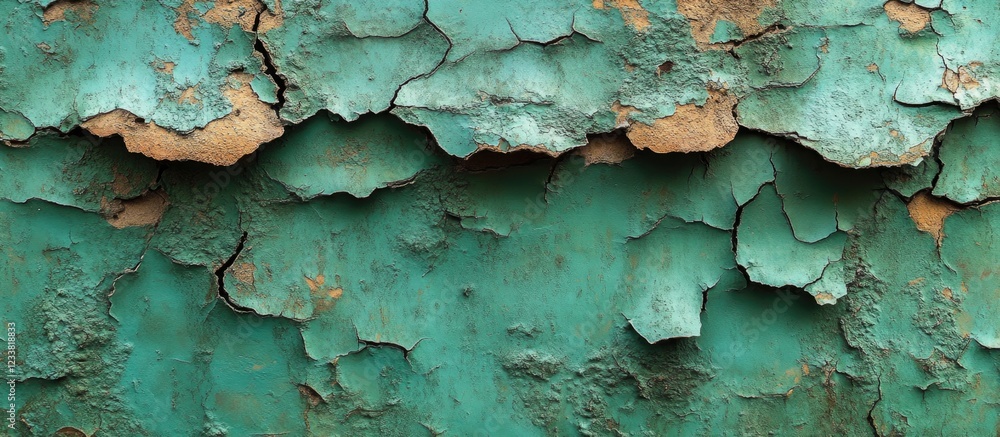 Fototapete Peeling turquoise paint texture on surface with rust and layers showing, abstract background with Copy Space for text placement