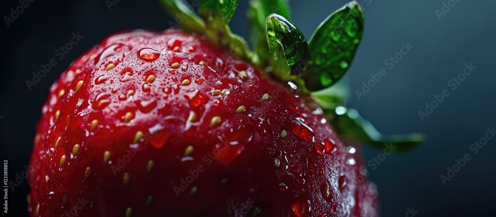 Poster close-up of a fresh and vibrant strawberry with water droplets on its surface against a dark backgro