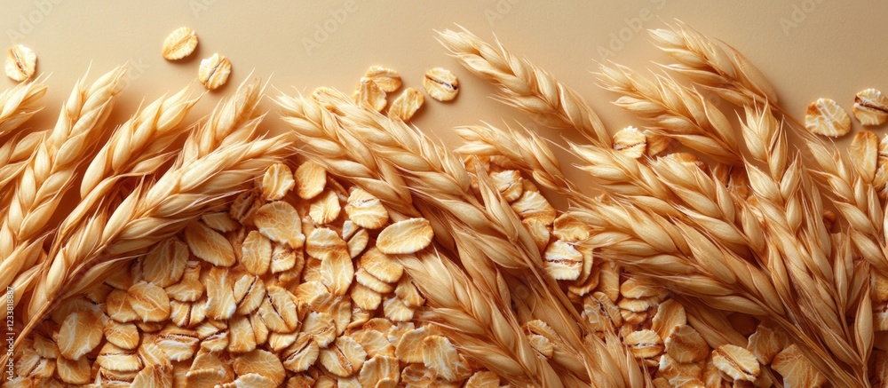 Poster wheat grains and oats arranged on a beige surface with scattered oat flakes and wheat stalks copy sp