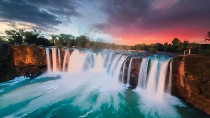 Fototapeta premium a beautiful waterfall flowing into the sunset at dusk with the sun setting in the background