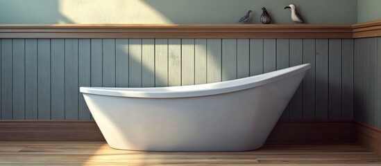 Modern bathroom interior with freestanding white bathtub natural light and decorative bird accents Copy Space