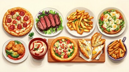 Delicious food platter pizza, steak, fries, eggs.  Restaurant menu design