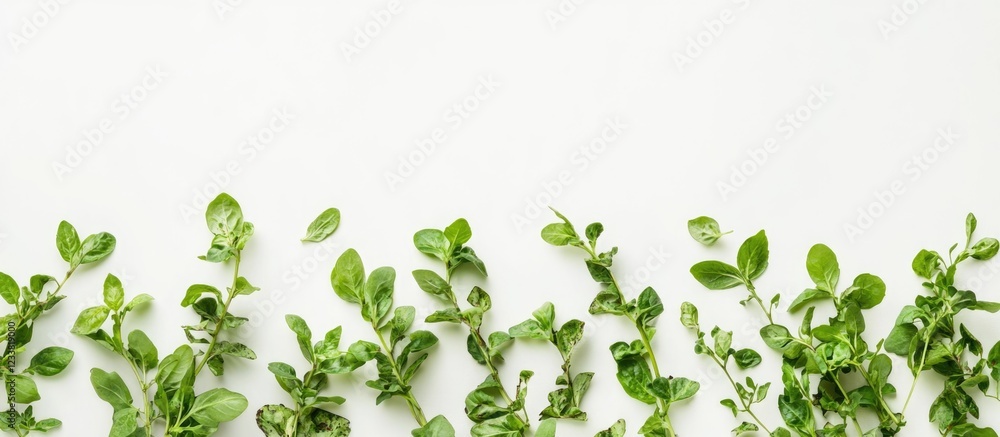 Poster Green leaves arranged on a white background with ample Copy Space for text placement or design elements