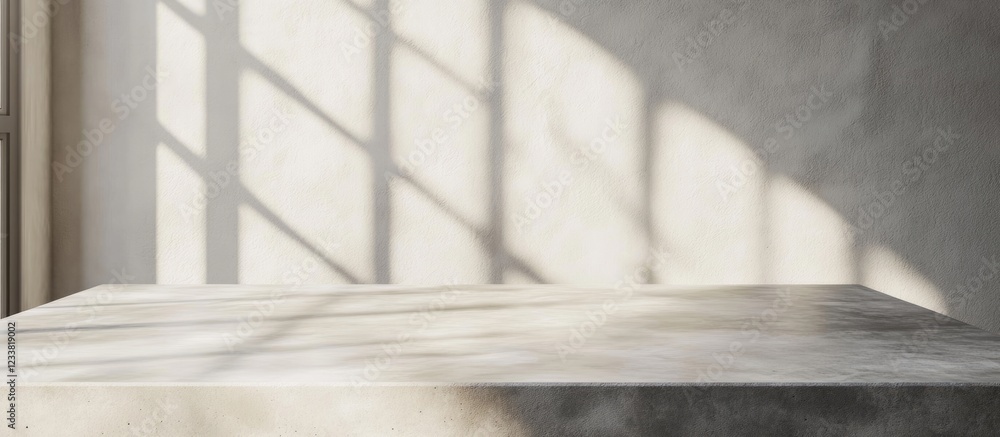 Poster concrete table with soft shadows on wall from window light neutral tones copy space
