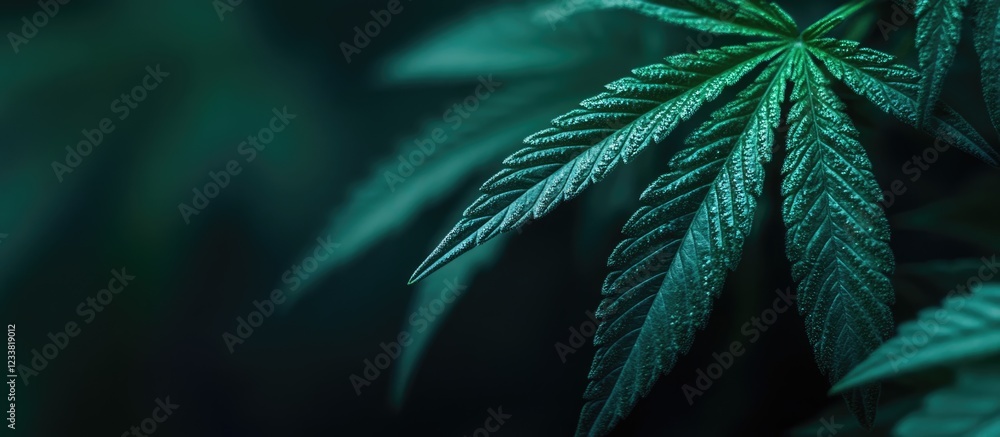 Aufkleber close-up of cannabis leaves with detailed texture and dark background featuring copy space for text 
