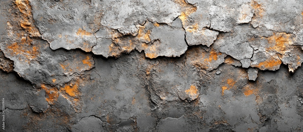 Poster weathered concrete wall texture with peeling paint and rust spots, ideal for backgrounds and design 