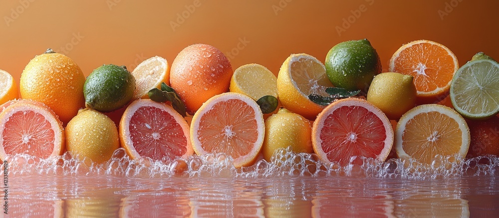 Poster Fresh citrus fruits assortment with water splashes on a gradient orange background displaying vibrant colors and Copy Space for text placement.
