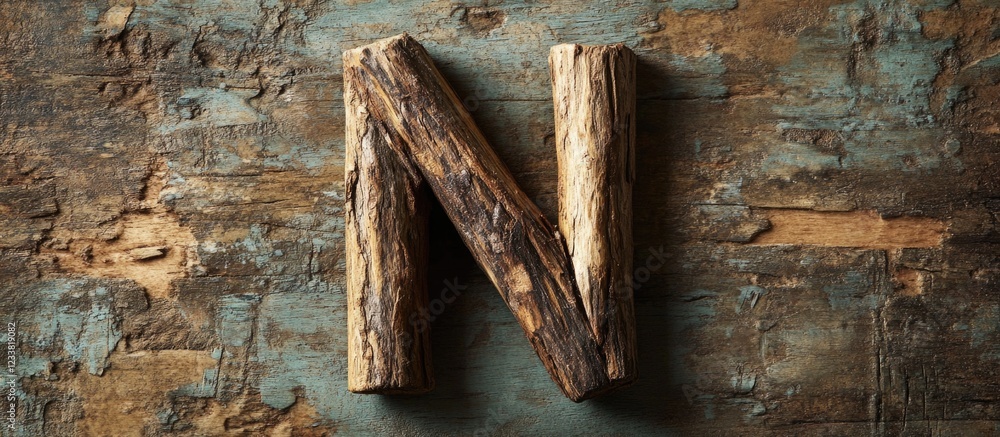Poster wooden letter n created from branches on a rustic wooden background with natural texture and copy sp