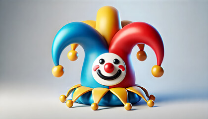 Obraz premium A single colorful jester hat with a big smile, positioned on a plain background, leaving a large blank area in the middle for copy.