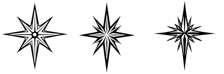 Set of Star Illustrations, Different Star Shapes, Black and White Vector Graphics, Celestial Bodies, Design Elements, Isolated on White Background