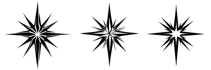 Set of Star Illustrations, Different Star Shapes, Black and White Vector Graphics, Celestial Bodies, Design Elements, Isolated on White Background
