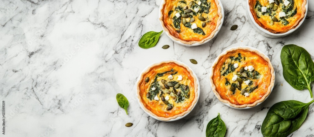 Aufkleber baked spinach quiche in individual ramekins on marble surface with fresh spinach leaves and copy spa