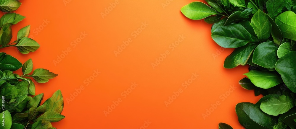 Poster green leaves on orange background with copy space for text or graphics
