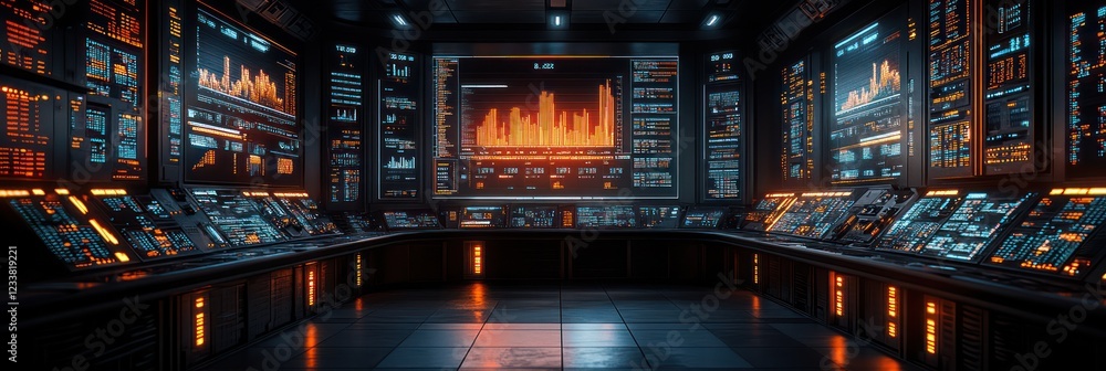 Poster futuristic control room: high-tech interface and data visualization