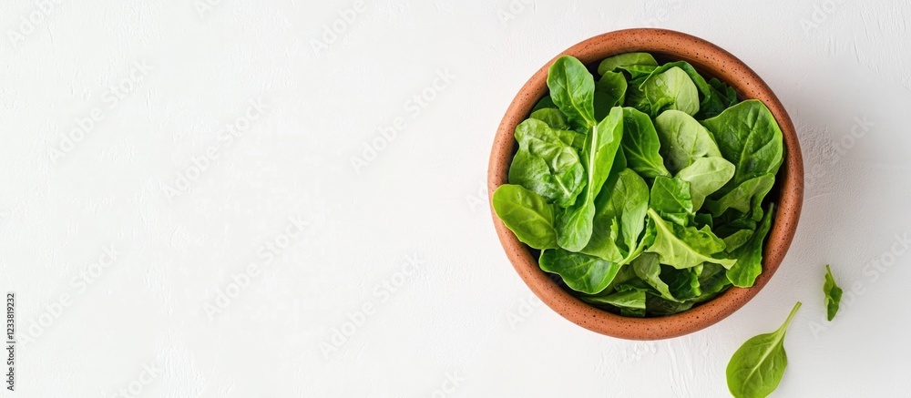 Poster fresh green spinach leaves in a clay bowl on a white background with copy space.