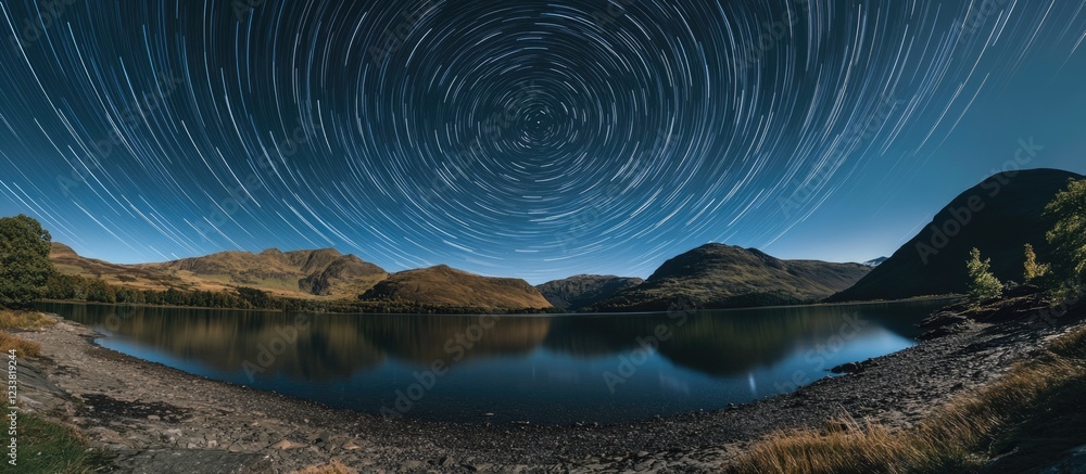 Poster starry night sky over a calm lake with surrounding mountains and trees in the foreground copy space