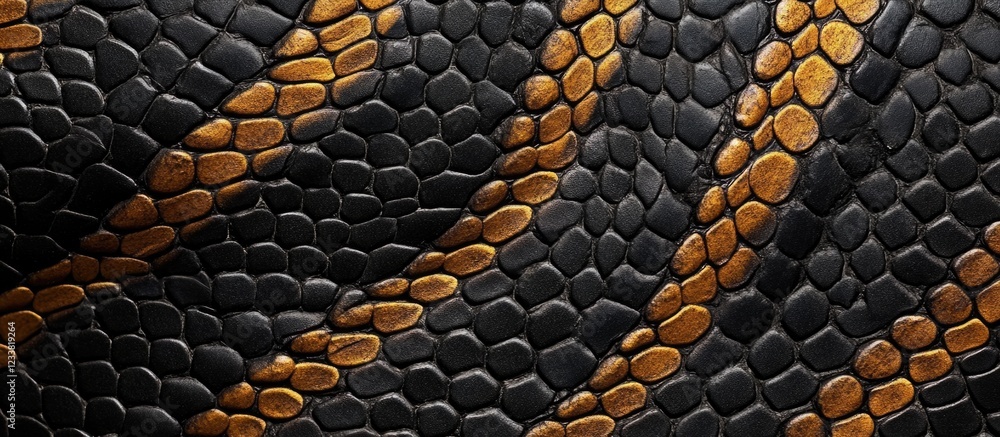 Poster close-up of textured snake skin with vivid orange and black patterns showcasing natural scales and d