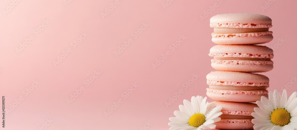Poster pink macarons stacked on a pastel pink background with white daisies and ample copy space for text.
