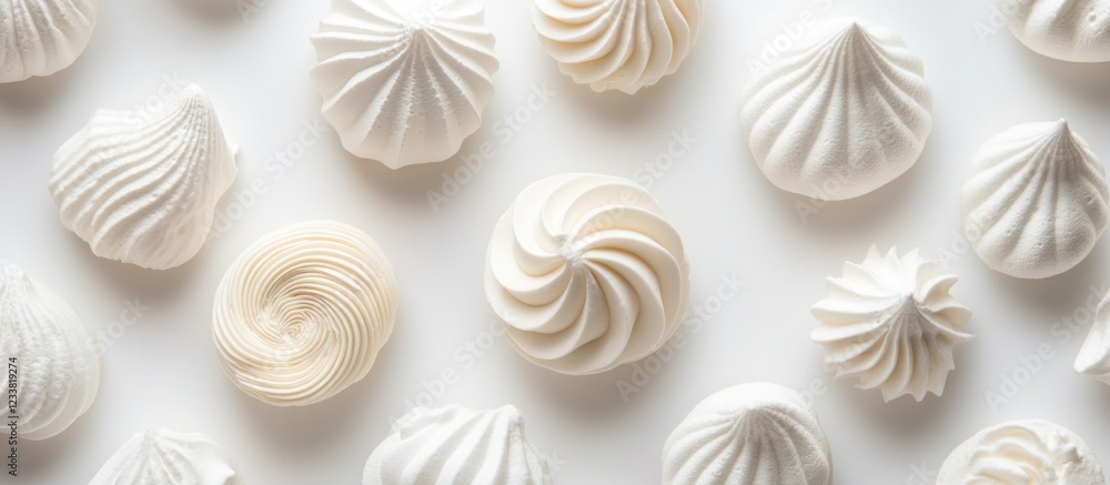 Poster white meringue cookies arranged on light background with copy space for text