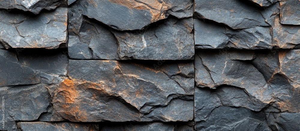 Poster textured pattern of black and grey slate stone wall with some rusty orange accents and copy space fo
