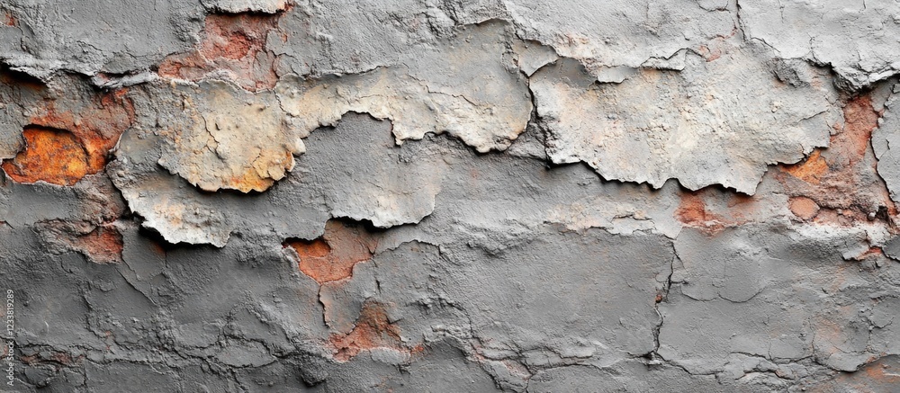 Poster Textured peeling paint on an old wall with exposed brick underneath and Copy Space for text placement