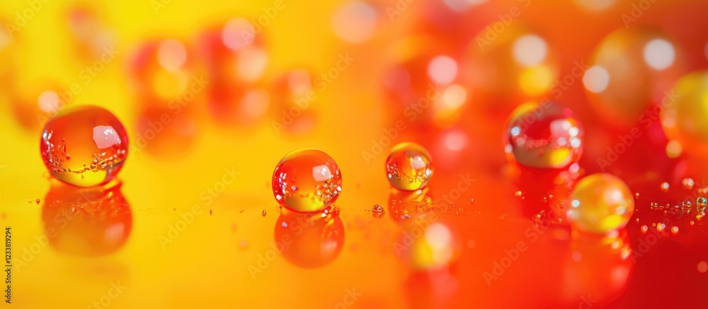 Poster Macro shot of colorful water droplets on a surface with orange and yellow gradient background and reflections Copy Space