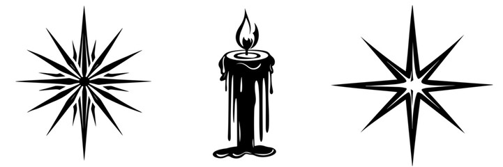 Set of Candle Illustrations, Dripping Wax Candles, Black and White Vector Graphics, Spooky Decorations, Gothic Elements, Isolated on White Background