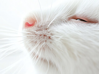 Close-up of a white rabbit's nose and whiskers, showcasing delicate fur and soft colors in a serene light.