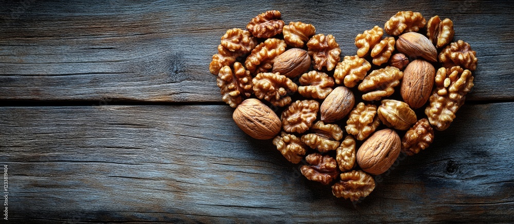 Aufkleber Nuts arranged in a heart shape on a wooden surface with copy space for text. Various types include almonds and walnuts.