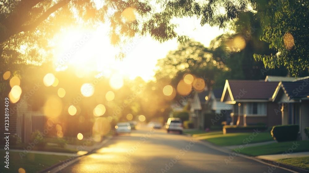 Poster suburban neighborhood at sunset creating a warm ambiance with bokeh and ample space for text overlay
