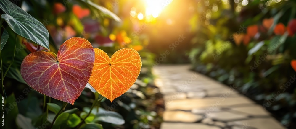 Poster colorful heart-shaped leaves in a garden with a stone pathway and sunlight creating a warm atmospher