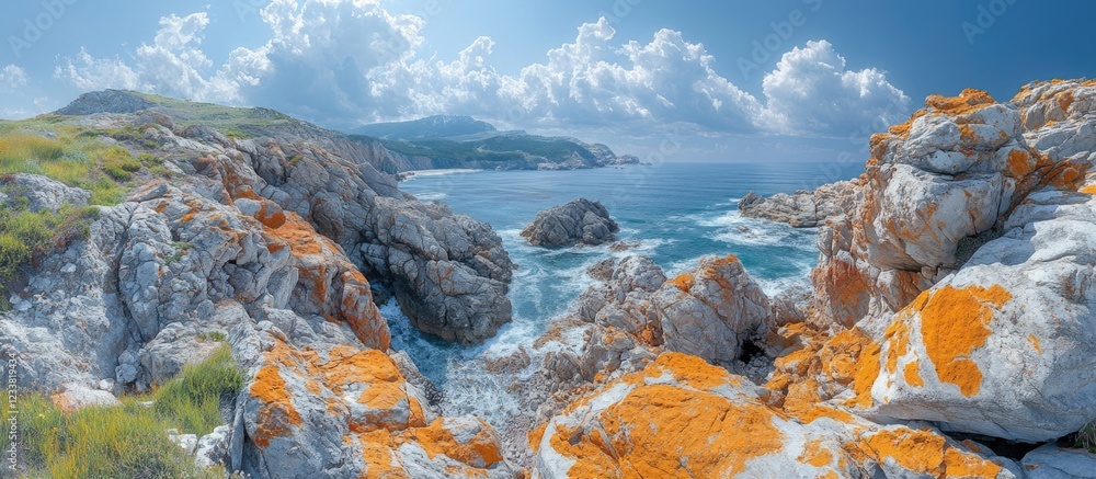Poster panoramic view of coastline with rocky cliffs and vibrant orange lichen under cloudy sky copy space