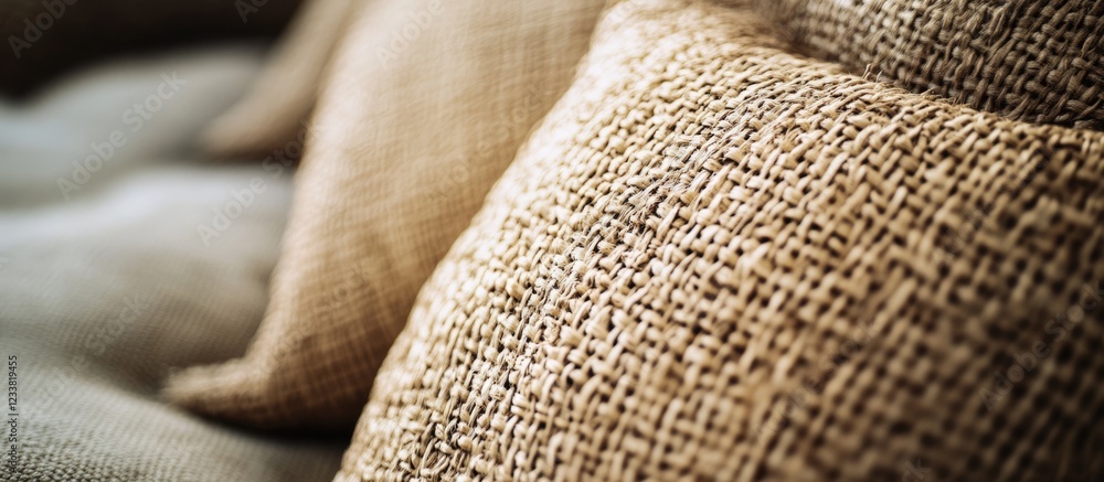 Poster close-up of textured burlap pillows on a soft sofa with shallow depth of field copy space