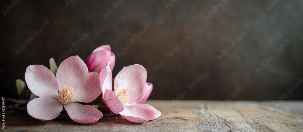 Poster pink magnolia flowers arranged on a rustic wooden surface with dark textured background and ample co