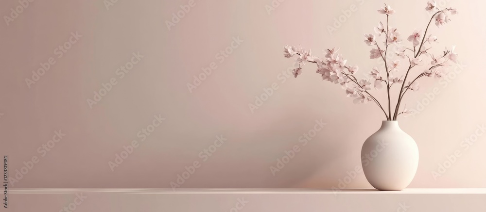 Poster Vase with pink flowers on a neutral background showcasing minimalist design and ample Copy Space for text placement