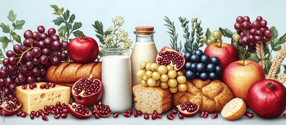 Poster assorted fresh fruits, bread, cheese, and milk on a light background with copy space for text.