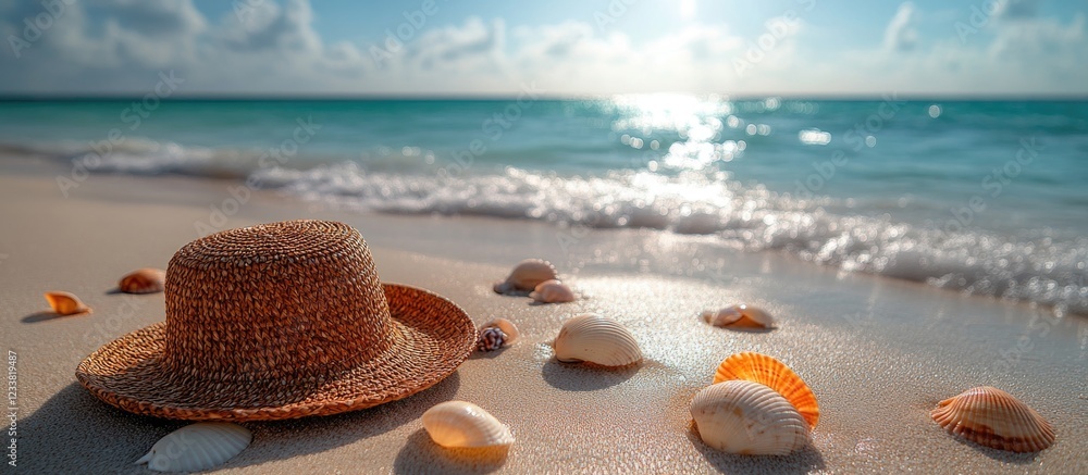 Poster beach scene with straw hat and seashells arranged on sandy shore with ocean waves and sunlight refle