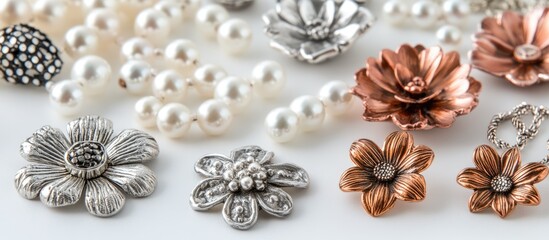 Assorted antique floral brooches and jewelry pieces with pearls on light background Copy Space