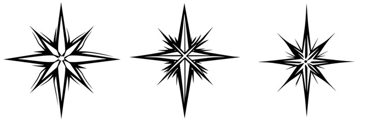 Obraz premium Set of Star Illustrations, Different Star Shapes, Black and White Vector Graphics, Celestial Bodies, Design Elements, Isolated on White Background