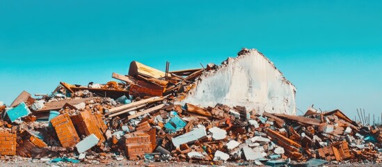 Rubble and debris from a demolished building against a clear blue sky with ample Copy Space for text placement